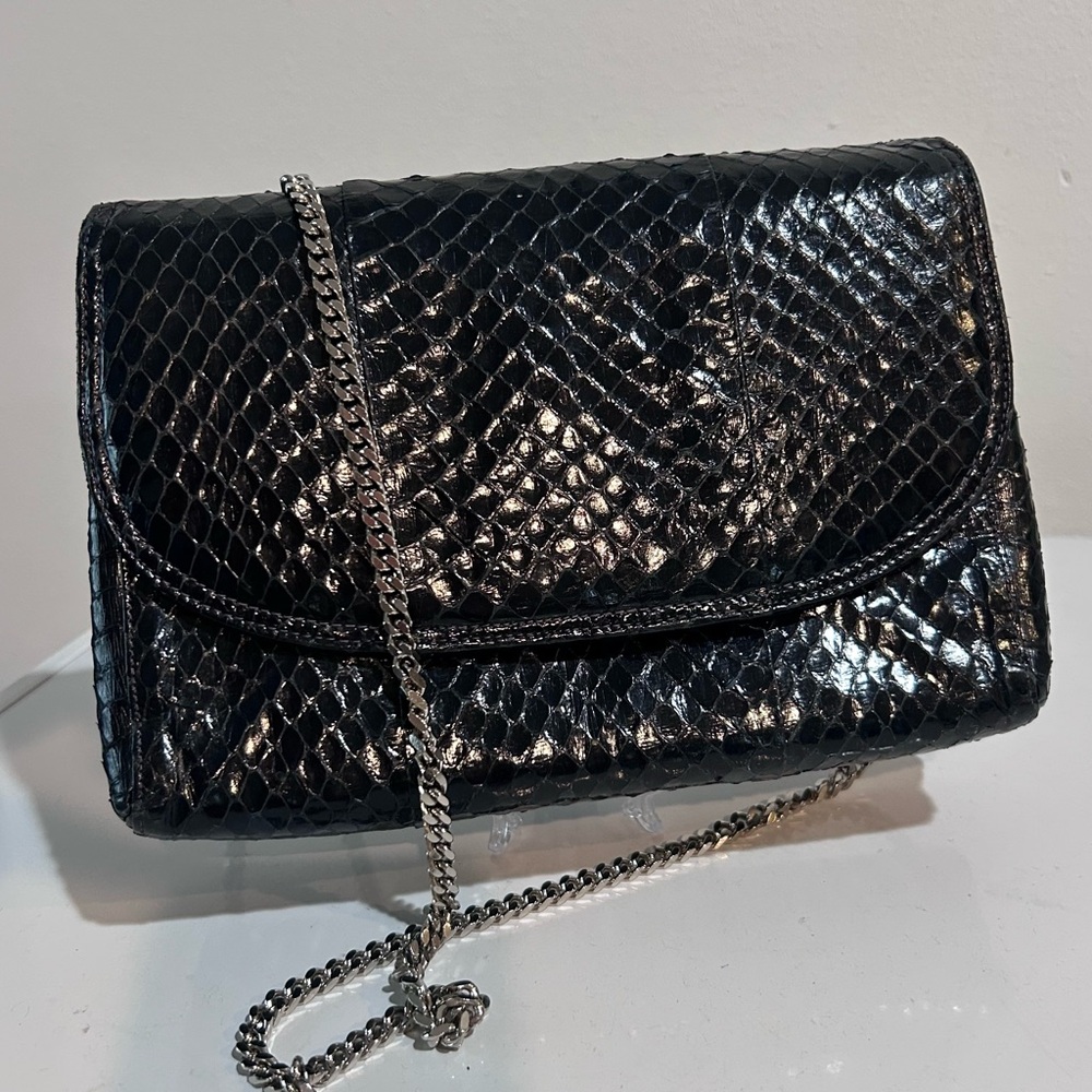 Vintage Genuine Snakeskin Shoulder Bag | Black Python | Silver Chain